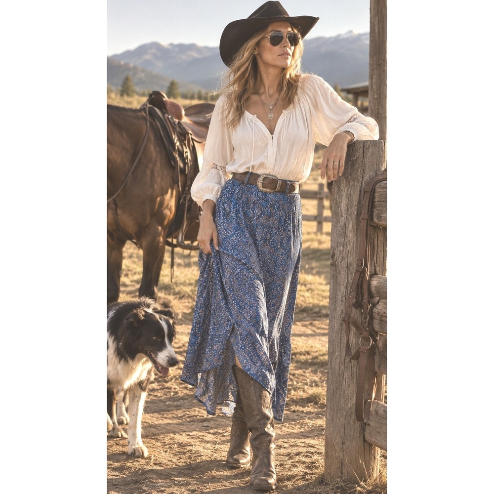 Idyllwild skirt Blue Paisley Front Slit Godet Maxi country western ec 10 Medium